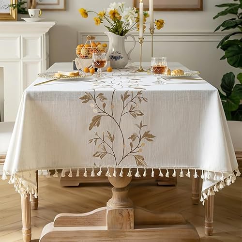 Pahajim Tablecloths Rectangular Washable Cotton Linen Tablecloth Anti-Wrinkle Tassel Design Fabric Table Cover for kitchen, Dining, Outdoor Garden Tabletop(Beige,55 x 71 Inch)