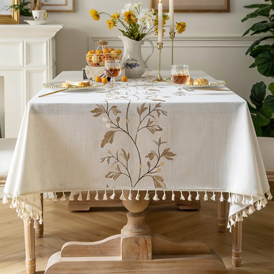 Pahajim Nappe Rectangulaire Anti Tache Nappe Coton et Lin Lavable Tissu Tassel Style pour la Décoration des Tables de Cuisine, Extérieur et de Jardin(Beige,140x260cm)