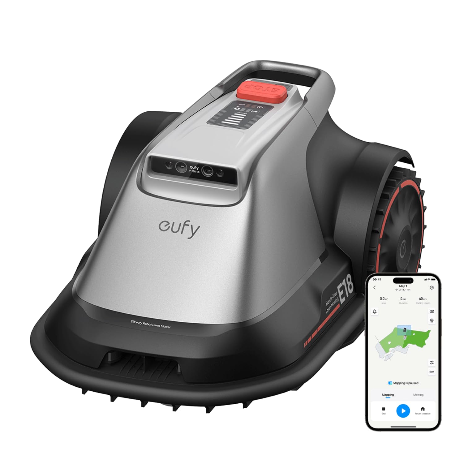 eufy Robot tosaerba E18, Senza cavo limitatore, Nessuna interruzione del segnale,Senza RTK, TrueVision, Sistema GNSS, Giardino fino a 1200 m², Taglio Preciso Bordi, Evita Ostacoli, Controllo App