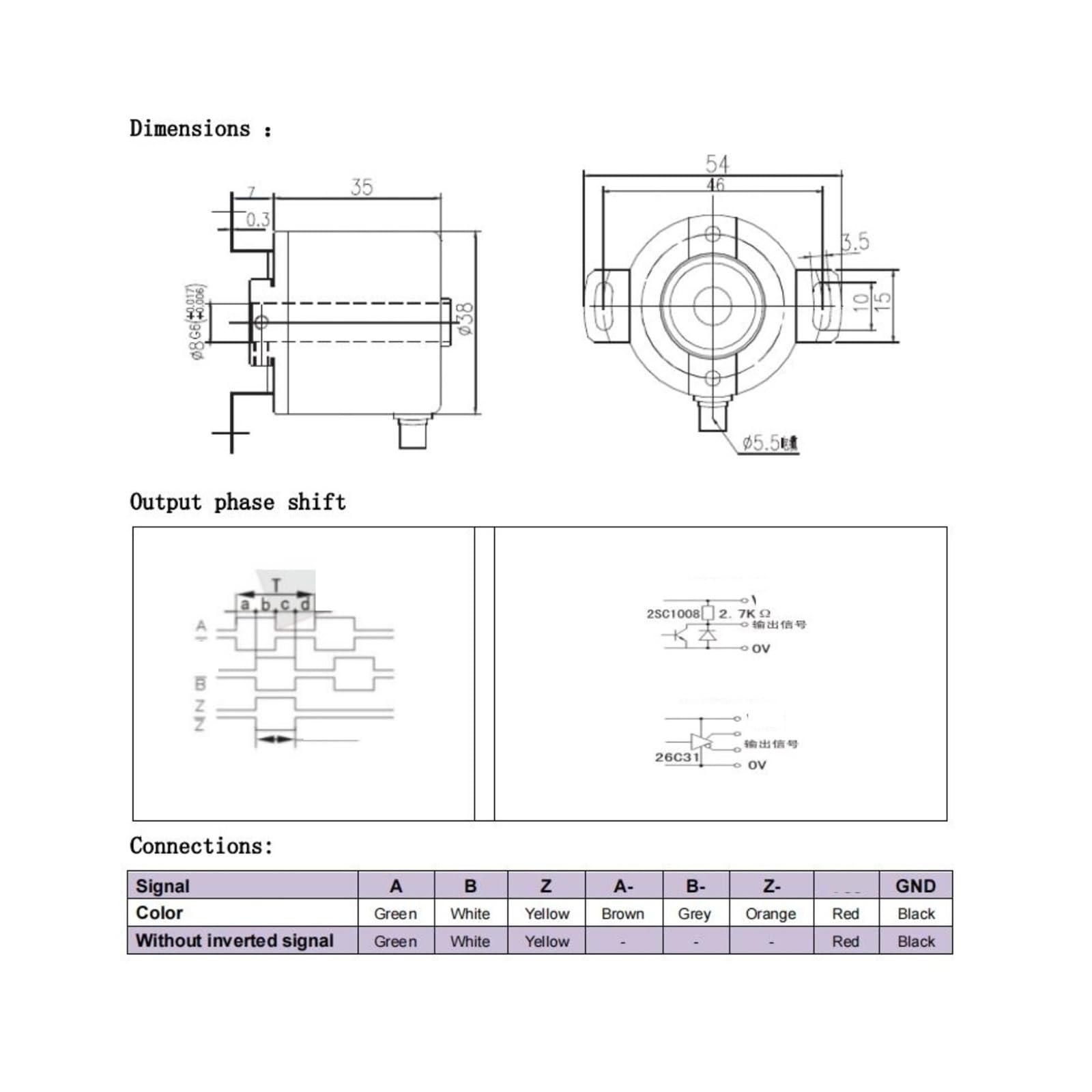Codificador rotatorio de Eje Hueco con Orificio pasante GHH38, óptico incremental, 8 mm, Salida NPN, Salida PNP, 100, 200, 360, 500, 1024, 2000 PPR(PNP Output,2000PPR)