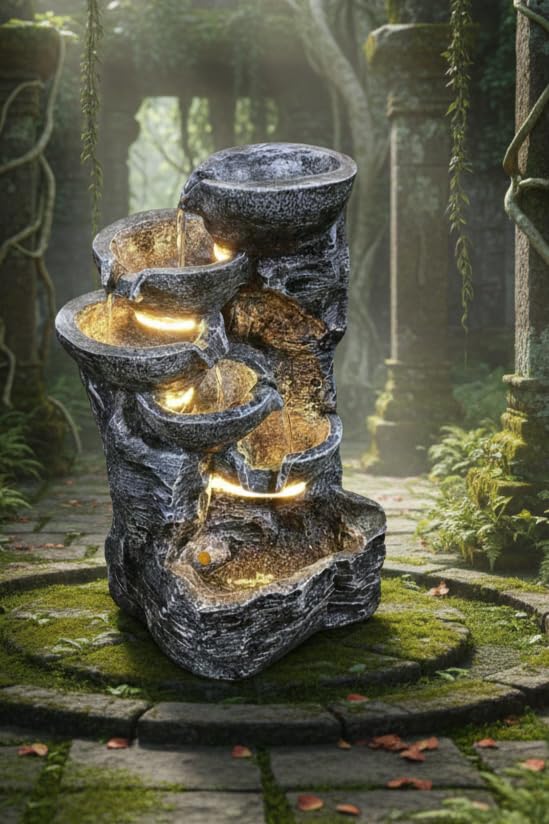 Image of 2.3 Feet Rock Style Water Fountain with LED Lights | Indoor Outdoor Decorative Waterfall Showpiece for Home, Garden & Office Decor (Black)