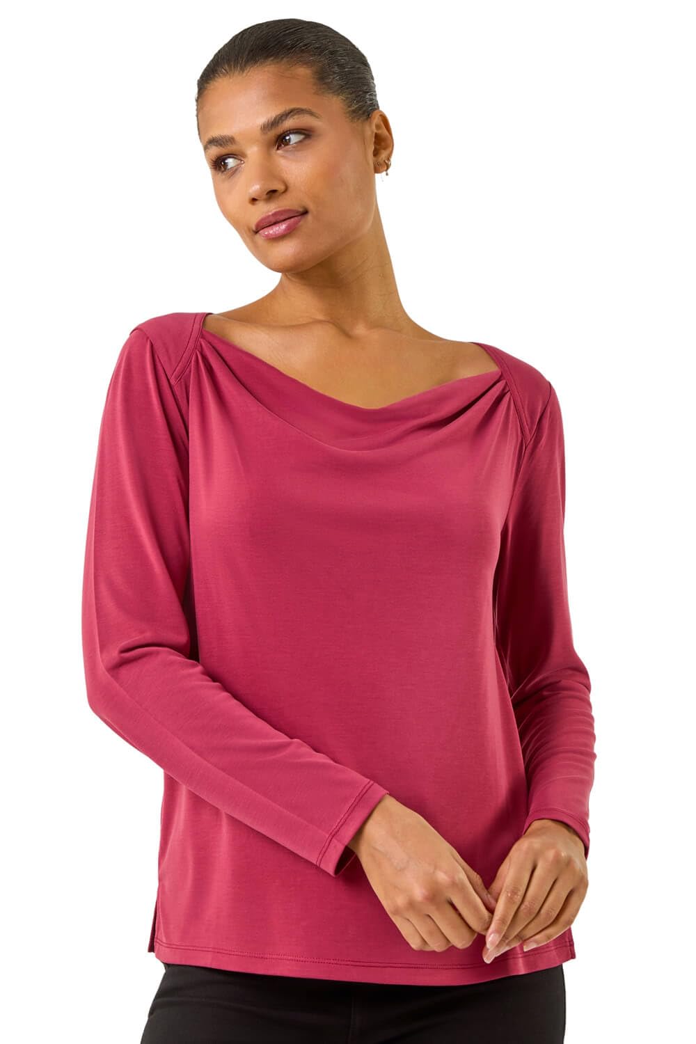 Roman Originals Cowl Neck Premium Stretch Top for Women UK - Ladies Everyday Autumn Winter Comfy Soft Evening Vacation Work Party Night Out - Burgundy - Size 12