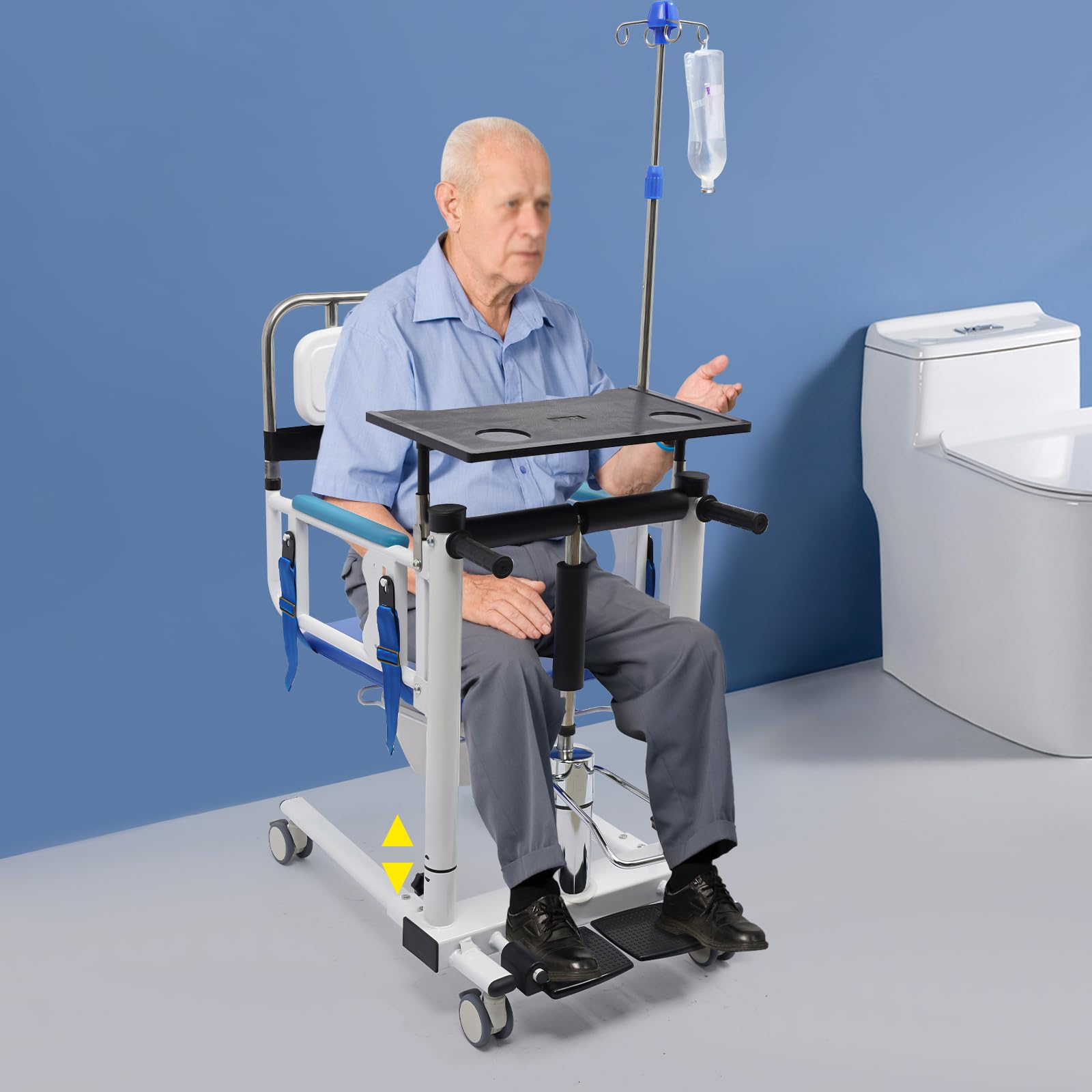 Hydrauliczne krzesło transferowe dla pacjentów, z blatem stołu jadalnego i podpórką do infuzji, krzesło prysznicowe z kółkami dla seniorów, chorych, osób starszych, niepełnosprawnych, kobiet w ciąży,