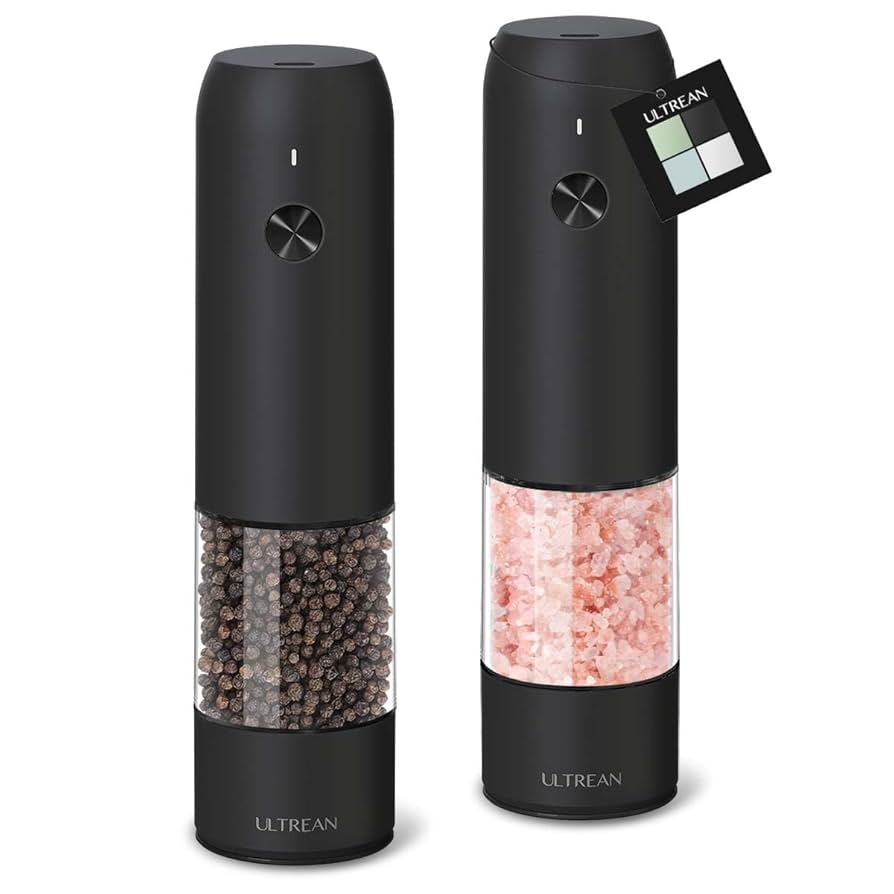 Ultrean Pepper Grinder, Rechargeable Salt and Pepper Grinder with 6 Adjustable Coarseness, LED Light, One-Hand Automatic Operation, Black