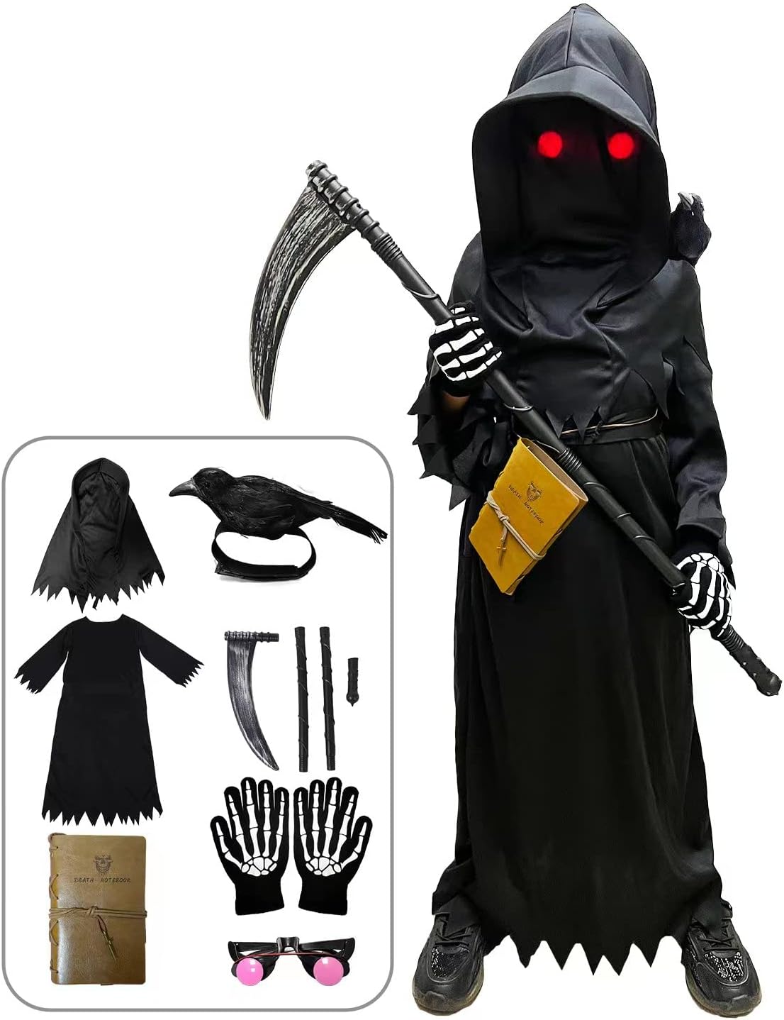 longpo Halloween Costumes for Boys Grim Reaper Costume Kids Set Scary Ghost Cosplay Outfit Halloween Party Favors Gifts Medium