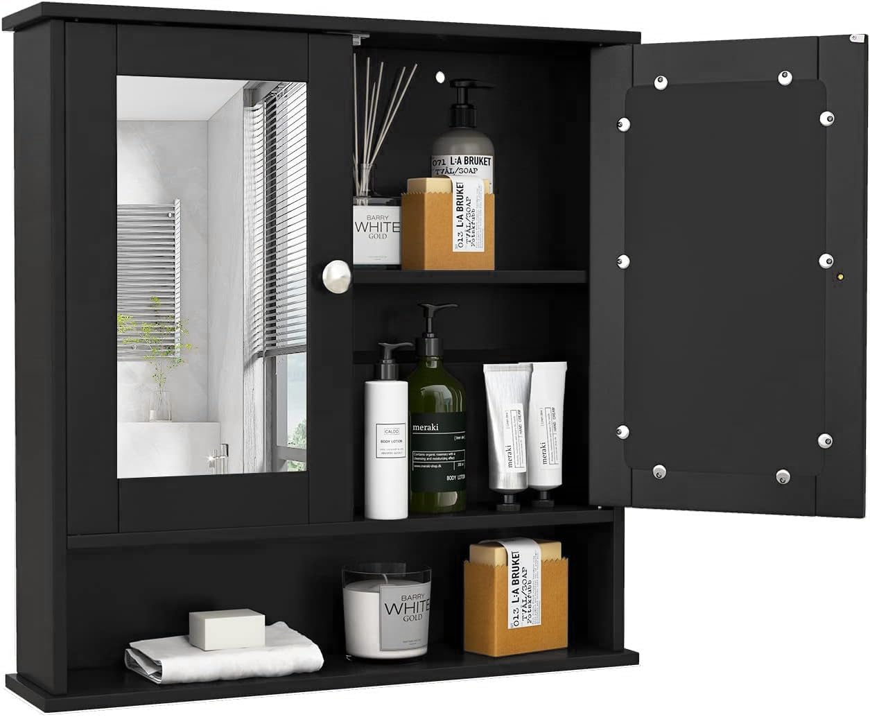 COSTWAY Bathroom Cabinet Wall Mount, Wooden Medicine Cabinet with 2 Mirror Doors, Adjustable Shelf, Open Compartment, for Laundry, Living Room, Kitchen, Black