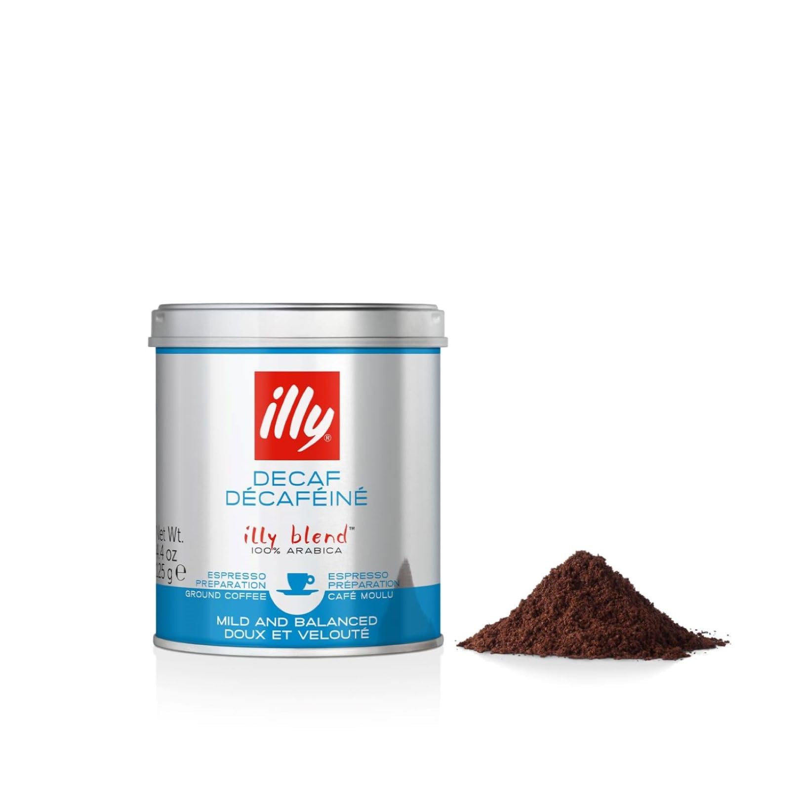 illy, Gemahlener Kaffee für Espresso ENTKOFFEINIER, 100% Arabica mit Noten von Karamell, Schokolade und Geröstetem Brot, Koffeinfrei, Harmonischer Geschmack, 1 Dose mit 125g
