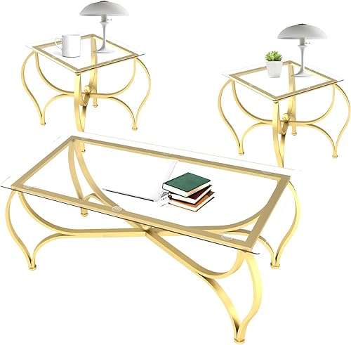 Miniatura 1 de Juego de mesa auxiliar de 3 piezas con vidrio templado, mesa auxiliar rectangular y 2 mesas auxiliares cuadradas, juego moderno de muebles de sala