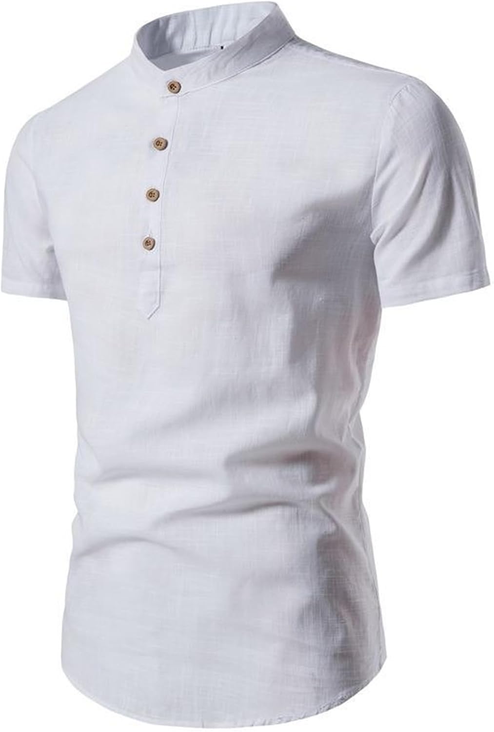 Men Cozy Quarter Button Stand Collar Shirt Classic Short Sleeve Solid Shirts Summer Outdoor Street Arc Hem Shirt