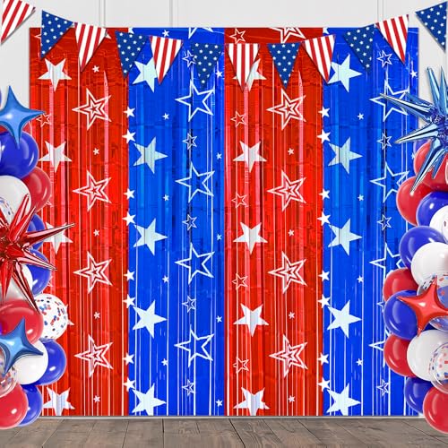 Labor Day Backdrop Decorations Star Red Blue Foil Fringe Curtains 2 Pack
