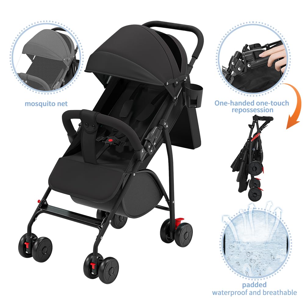 OHMG Poussette Canne,Poussette Canne Compacte 0-36kg,Poussette de Voyage avec Cotons et Moustiquaire,Panier D'achat avec Fonction Extensibler,Capote Extensible (C-Noir)
