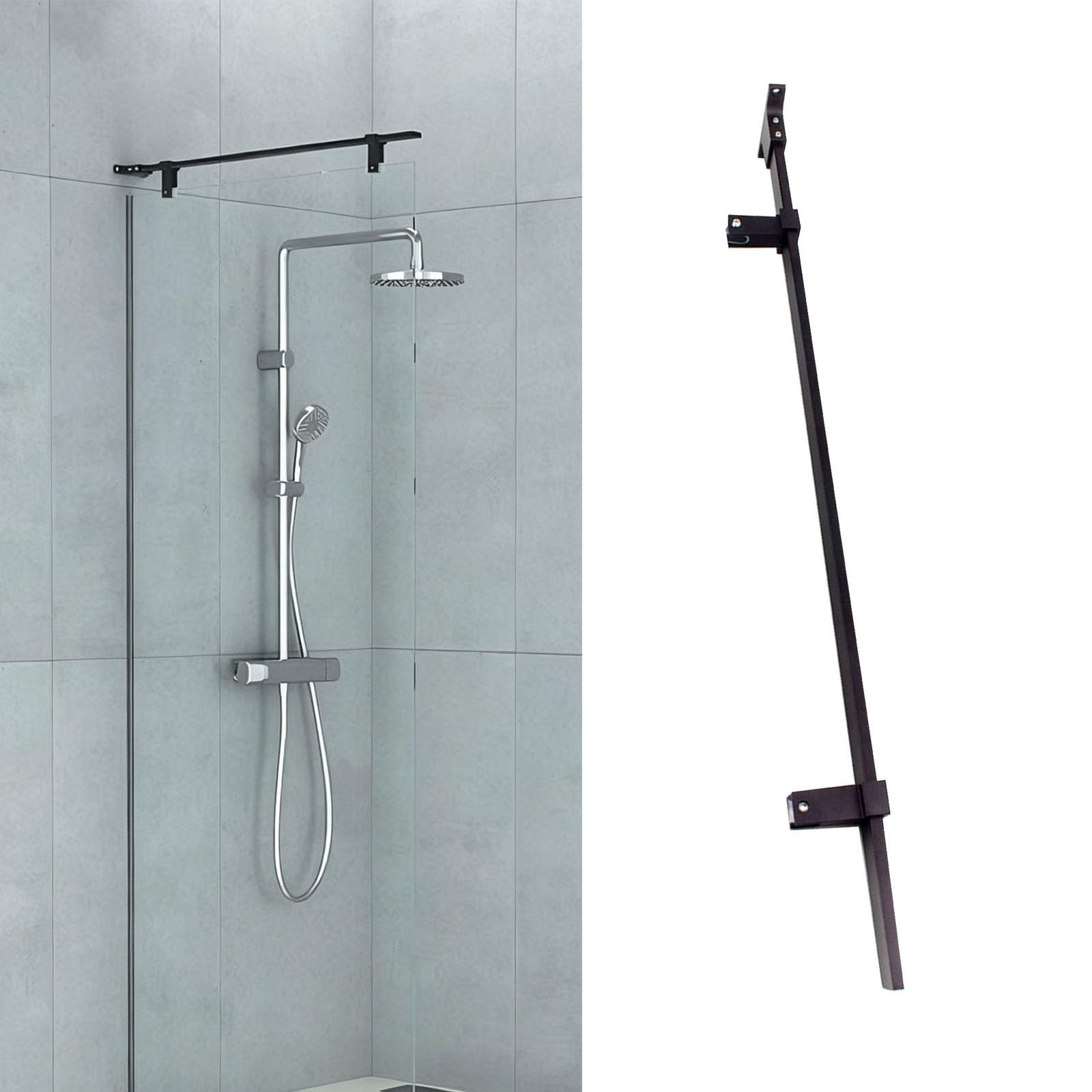 NMKSYX T-shaped Frameless Shower Arm Support Bar, Shower Door Top Support Rod for 8-12mm Thick Glass, Black Gray Silver Walk-in Bathroom Stabilizer Arm(Black,100cm(39 2/5"))