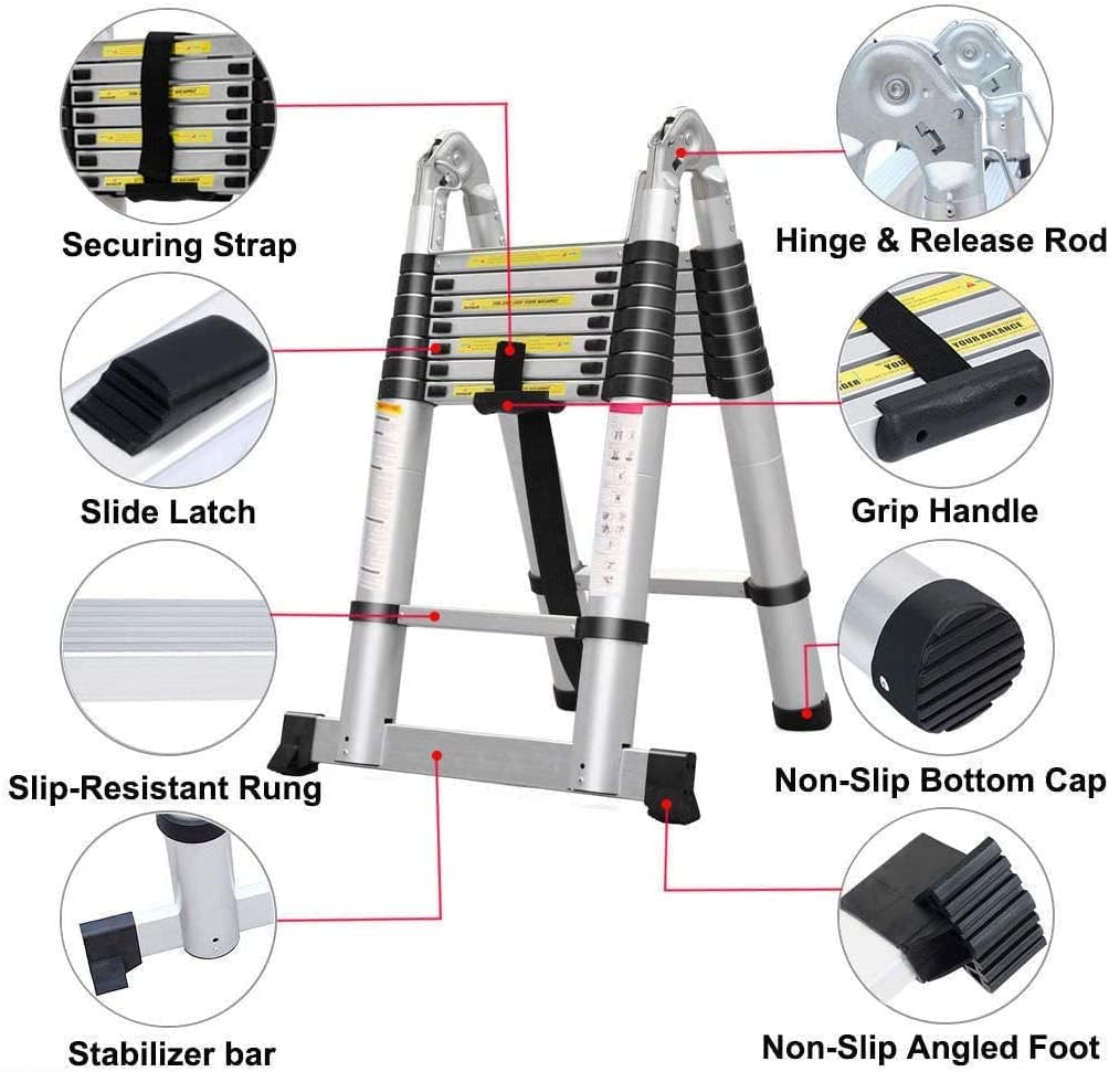 Telescoping Aluminum Ladder 16.5 FT Dual Purpose With Stabilizer - Adjustable Compact Step Climb for Household, RV, Outdoor Work - 330lb Load Capacity (2.5M+2.5M) - Image 2