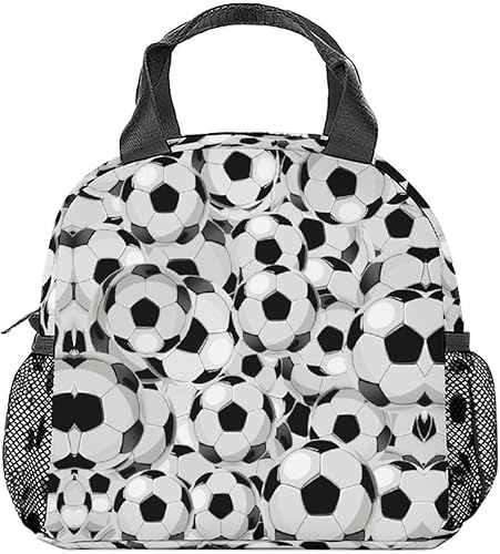 Miniatura 1 de Lonchera de fútbol para niños, lonchera aislada para niñas y niños, lindas bolsas de almuerzo blancas reutilizables, pequeña con bolsillos, bolsa de