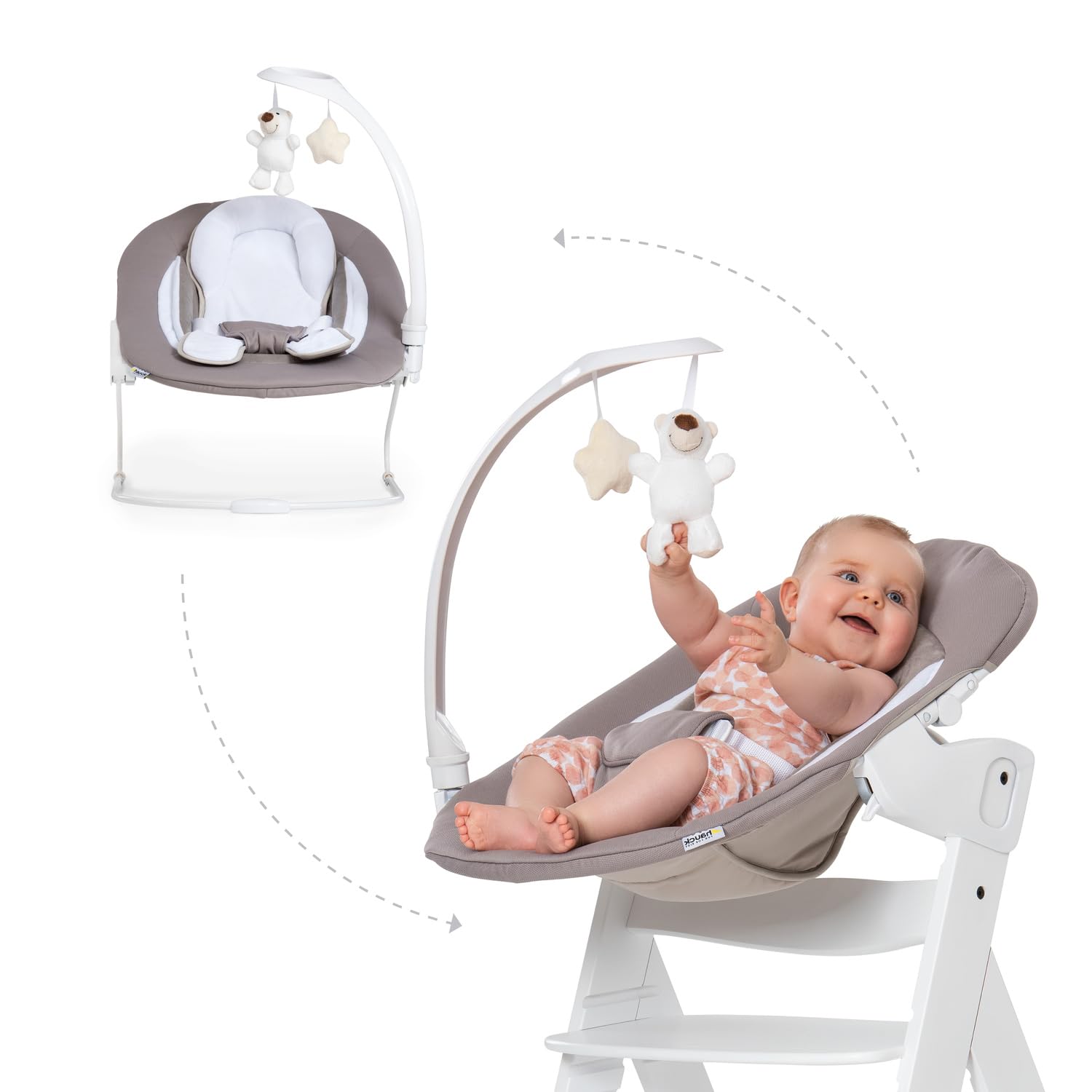 hauck Alpha Bouncer Deluxe, Beige - Sdraietta Neonato con Arco Giochi, Schienale Regolabile e Base Dondolo per Seggioloni Alpha+ e Beta+ - con Cintura a 3 Punti e Riduttore di Seduta