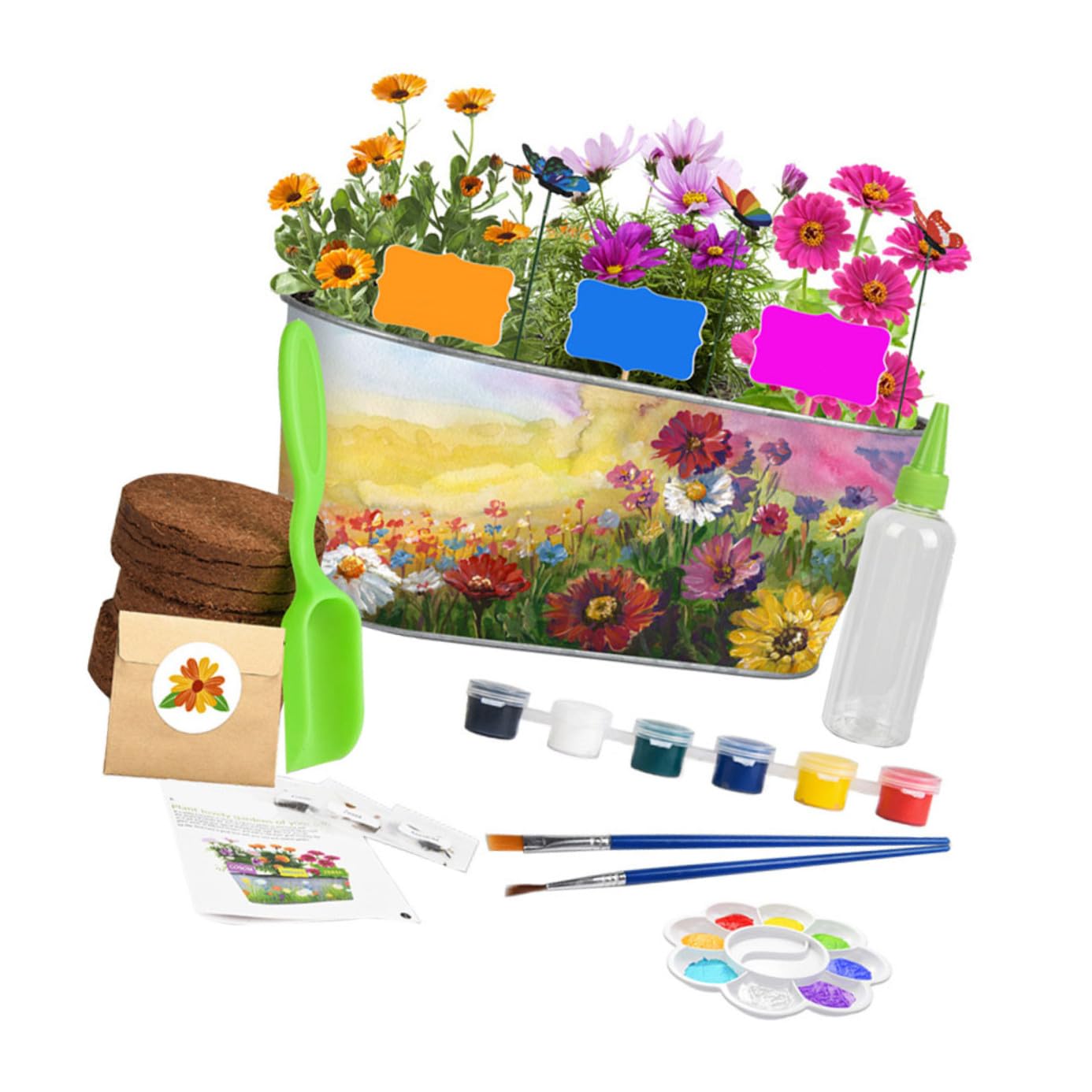 NOLITOY Kit de Cultivo para Plantar Flores DIY Maceta de Hierro, Kit de Jardinería Creativa, Herramientas de Manualidades para Jardín Interior y Exterior, Pintura y Decoración