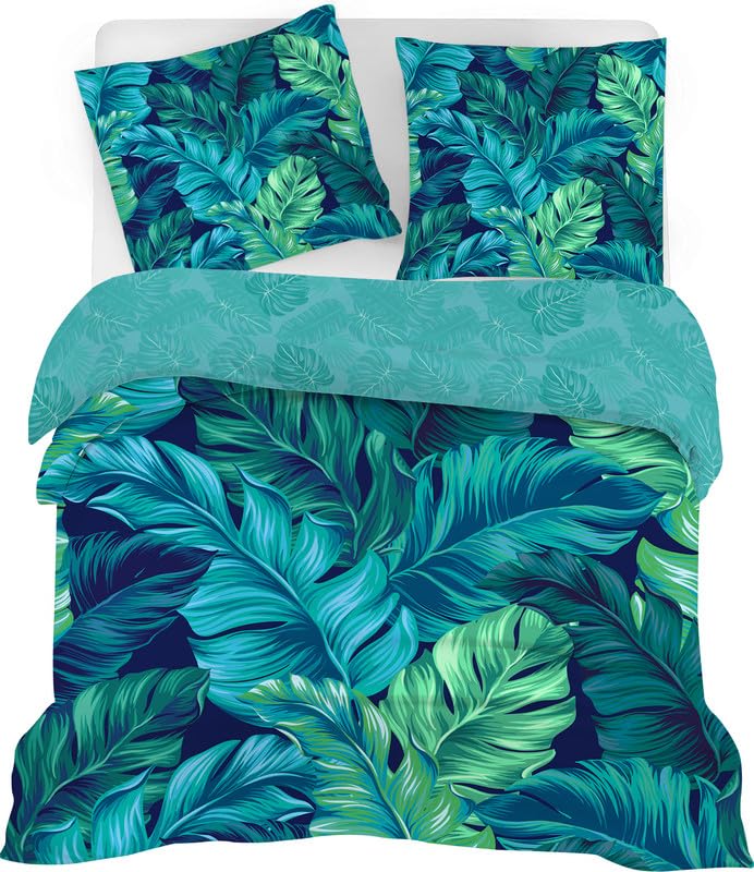 Housse de couette 200x220 palmier avec 2 taies d'oreiller 65x65 pour lit 2 personnes