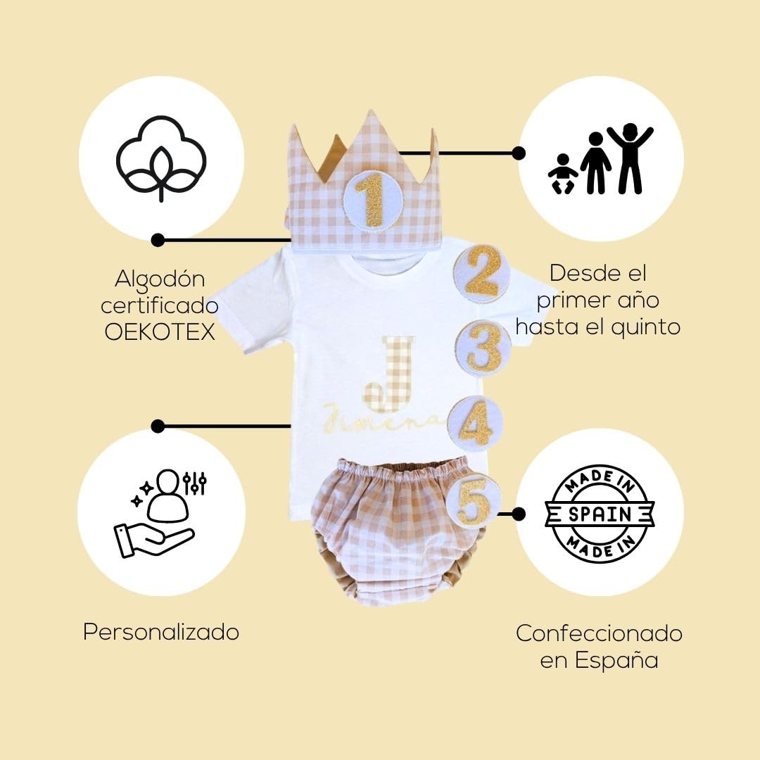 Genérico - Conjunto Cumpleaños 1 año Personalizado - Camiseta con nombre Bebé - Regalo primer cumpleaños - Smash Cake - Corona cumpleaños