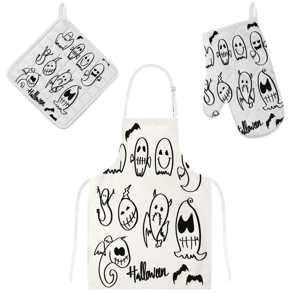 Tablier de cuisine cadeau surprise 3 pièces avec gant de cuisson et manique fantôme