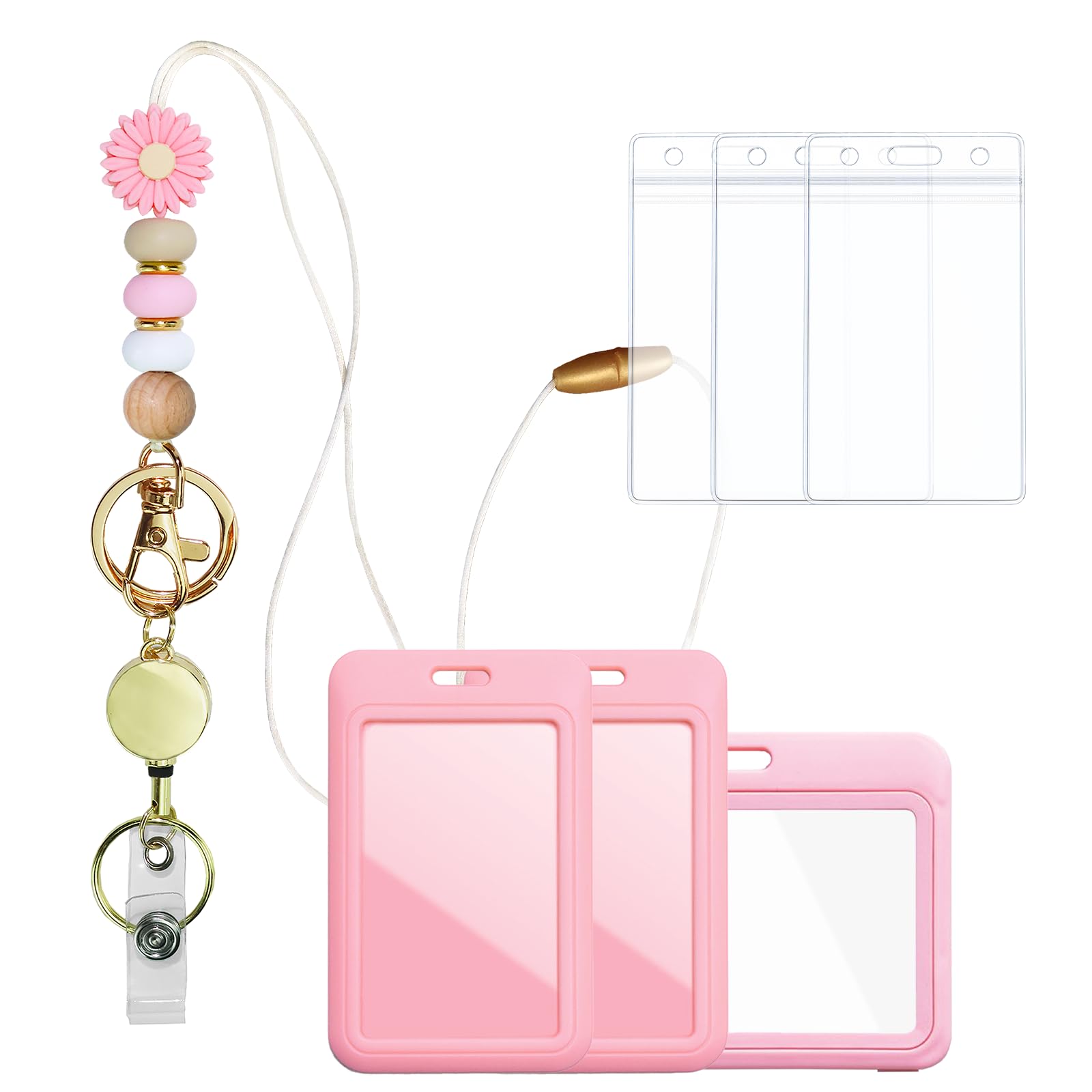 Badge Holder Set Pink Plastic Case with Retractable Badge Reel Carabiner Clip & Silicone Beads Lanyard Fashionable Vertical and Horizontal Card