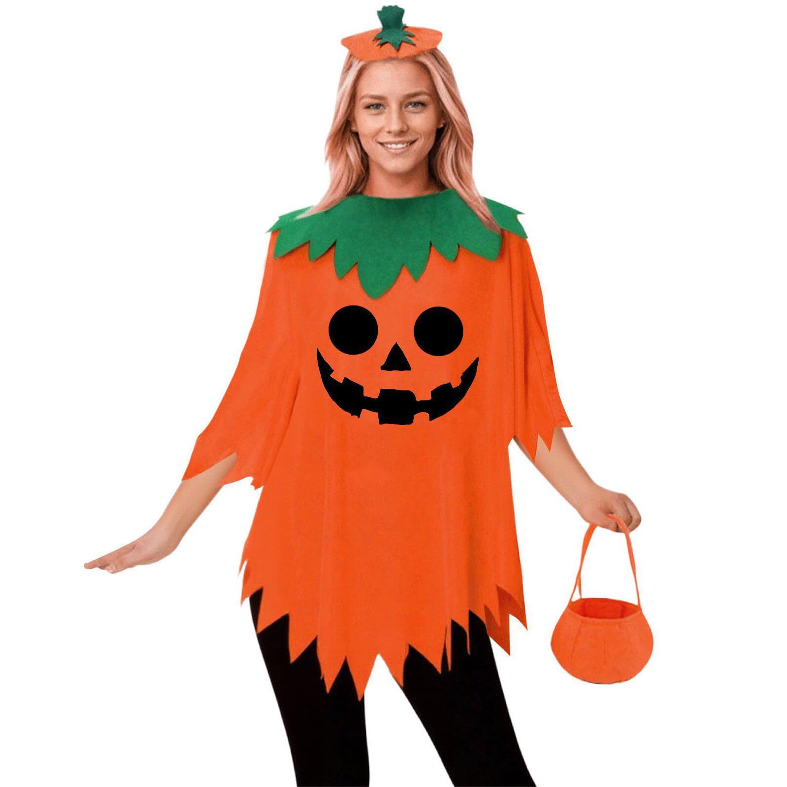 Halloween Costumes for Women Adult, 3 Pcs Pumpkin Costume Womens, Pumpkin Cape Poncho, Headband and Candy Bag, Ladies Fancy Dress Up Outfit Set, Scary Outfits, Cosplay Accessaries