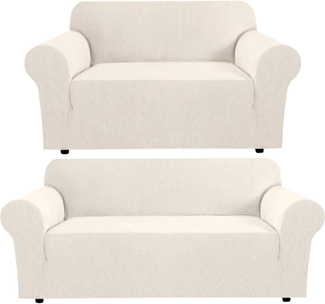 H.VERSAILTEX Stretch Sofa Covers for 3 Cushion Couch Bundle Stretch Sofa Covers for 2 Cushion Couch, Ivory