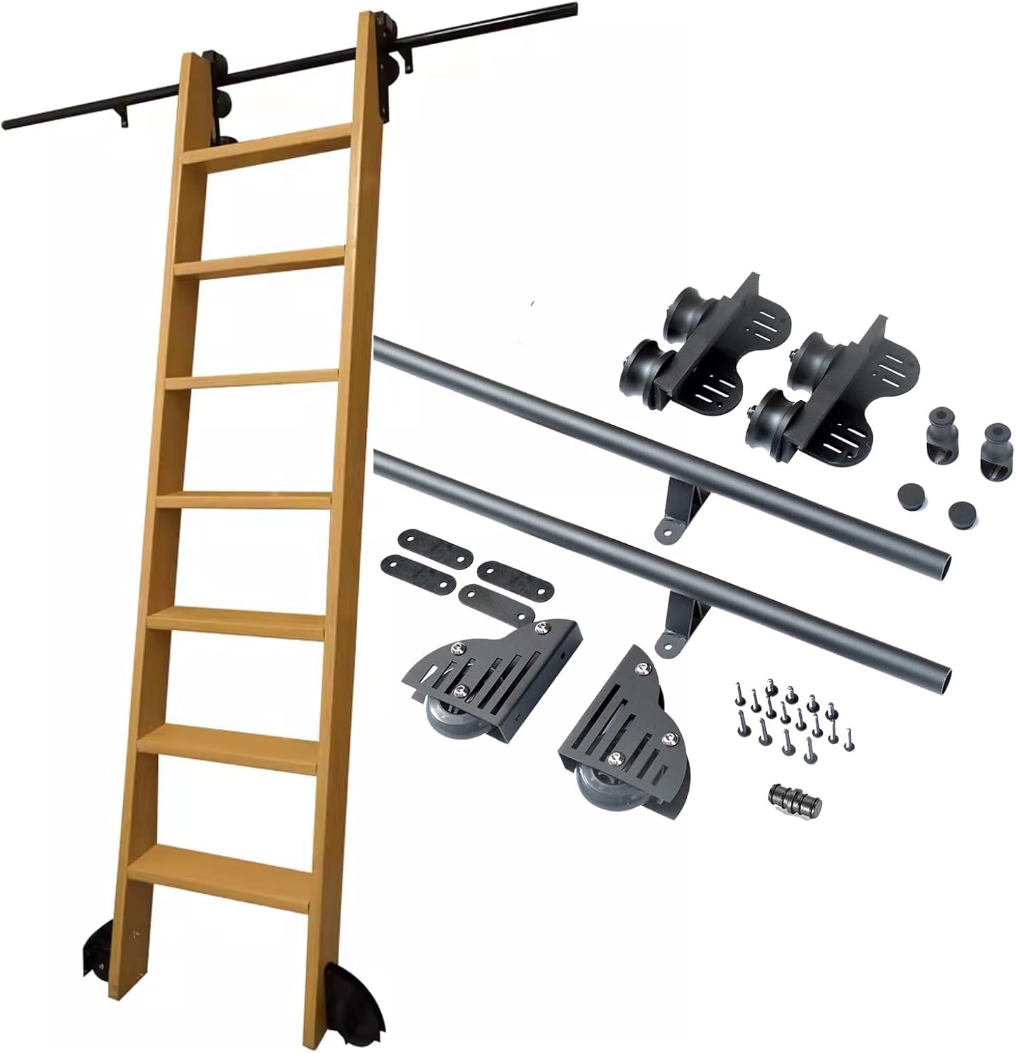 Quite Guide Library Ladder Kit for Wooden Ladder, 3.3-20ft Ladder Track Rail for Loft Closet, Full Set Mobile Ladder Handware Track Kit with Telescope Upper Roller(No Ladder)(One Color 6.6ft/200c