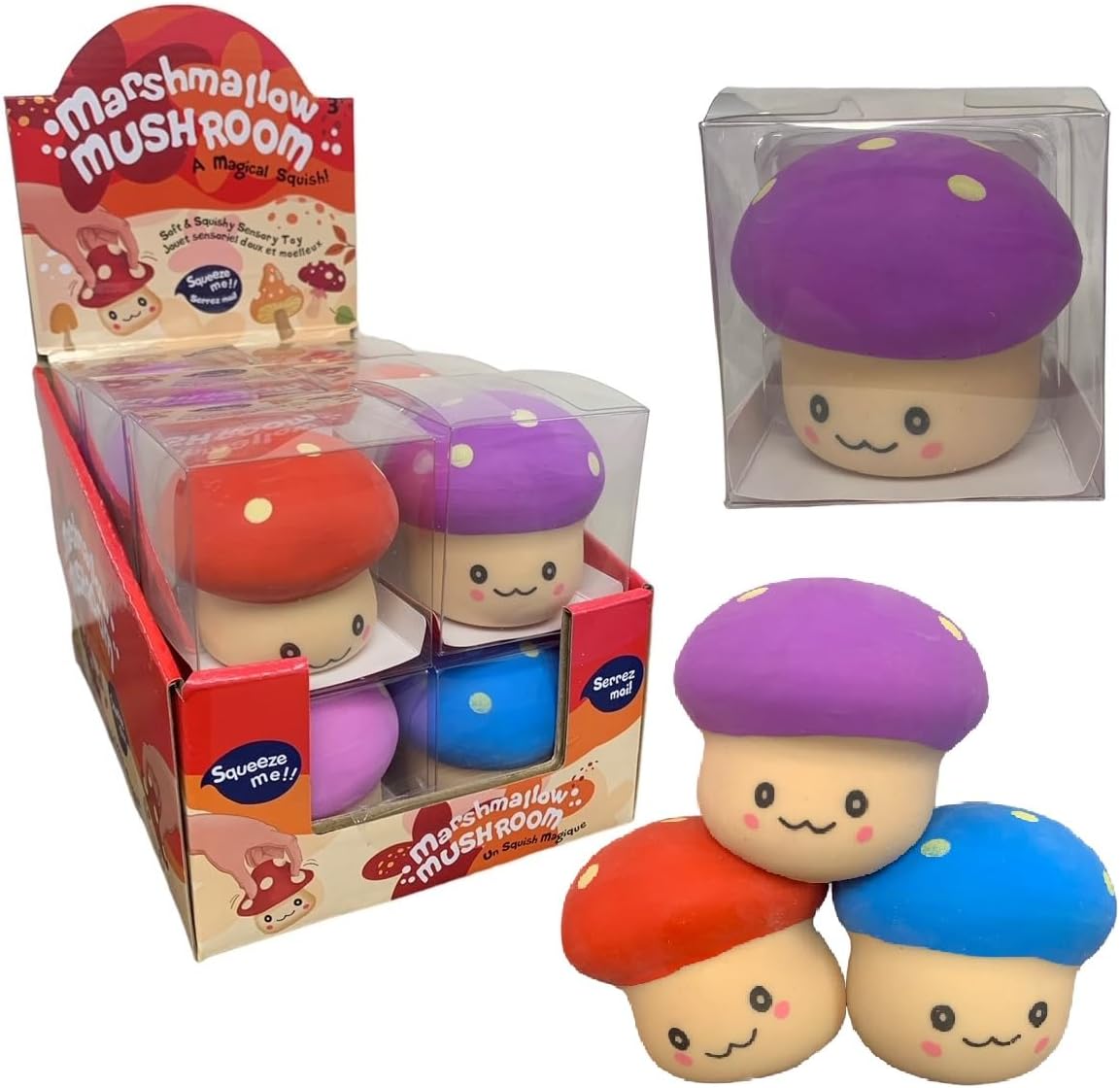 Cute Marshmallow Mushroom Slow Rise Stress Ball, Super Sensory Marshmallow Mushrooms Squishy Toys and Stress Balls for Boys and Girls (Red/Blue (2 Pack), 2)