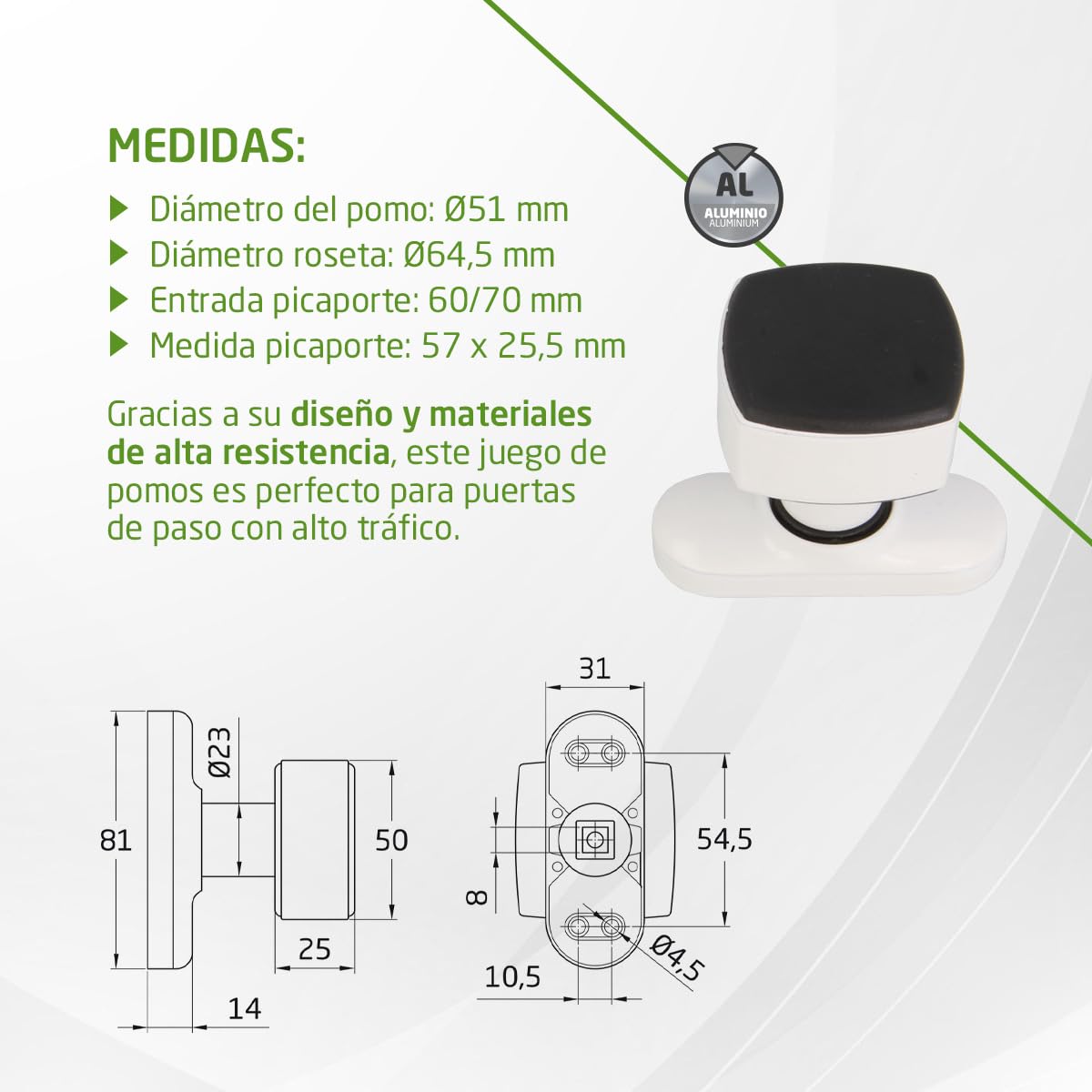 Amig - Juego de Pomos Cuadrados con Placa Estrecha Mod. 6807-81 x 31 mm - Para Puertas de Interior - Ideal en Dormitorios, Baños y Despachos - Aluminio Blanco
