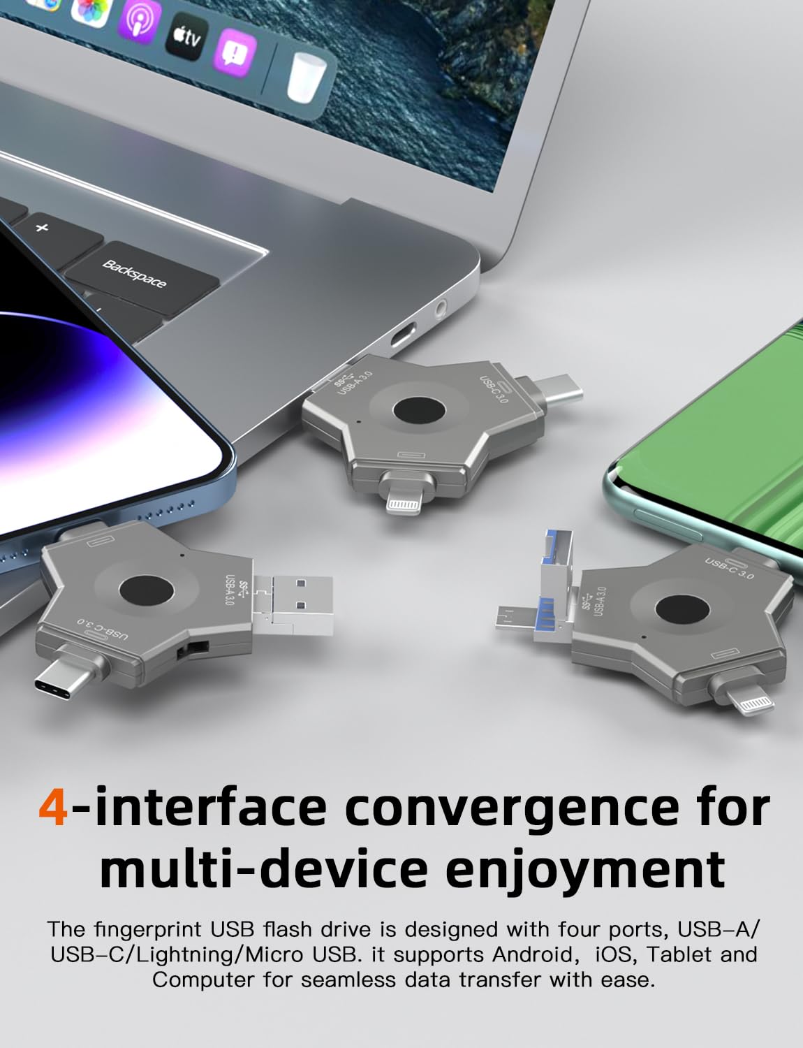 Memoria USB 3.0 4 en 1 con Huella Dactilar para iPhone, USB, Memoria USB de Alta Velocidad, Almacenamiento Externo para iPhone/iPad/Android/PC