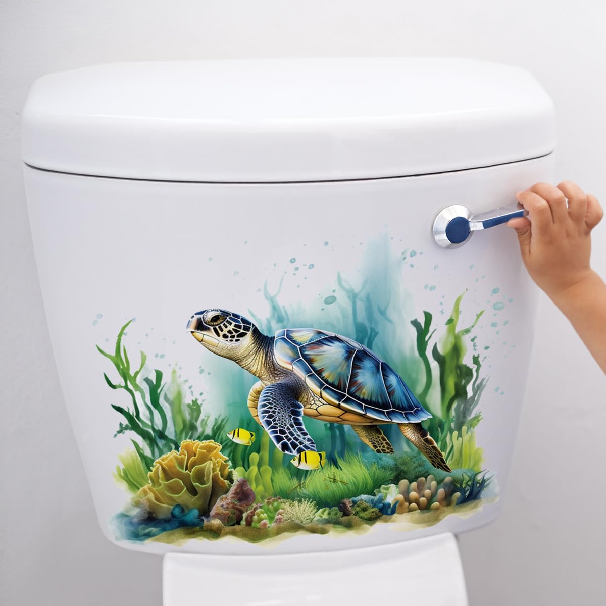 Sea World Turtle Water Grass Toilet Cover Sticker Decals,Coral Shell Flower Leaf Waterproof Toilet Lid Tank Seat Decals Cistern Self-Adhesive Bathroom Wall Sticker