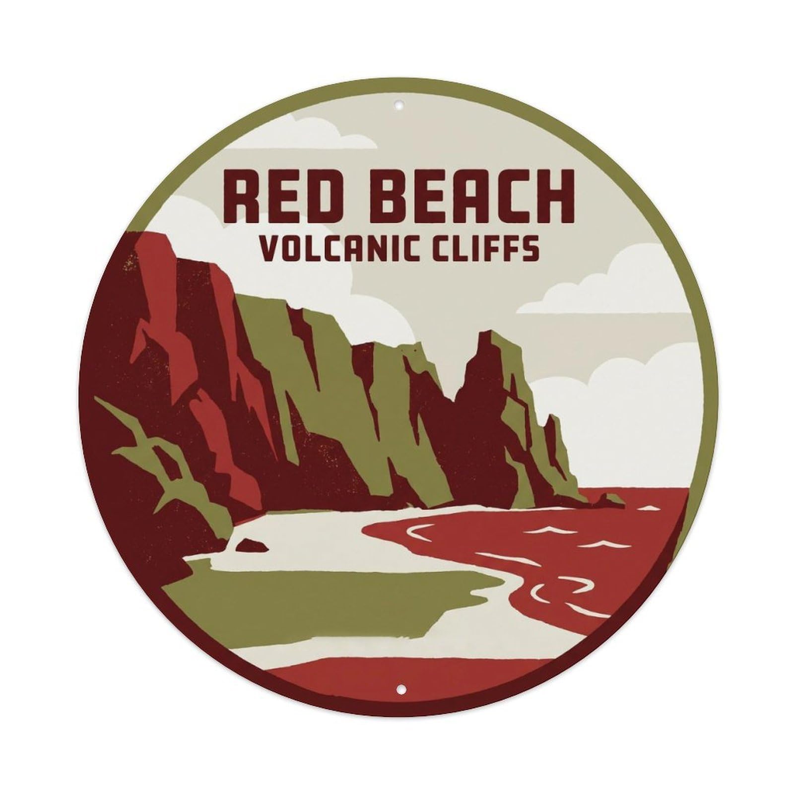 Red Beach Volcanic Cliffs Santorini Greece Blue Dome Metal Tin Sign