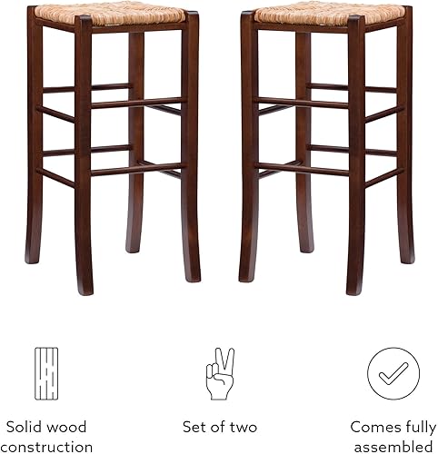 Miniatura 13 de Linon Augustus Taburete de bar sin respaldo de nogal con asiento tejido de hierba marina, juego de 2 Nuez,Natural,Blanco