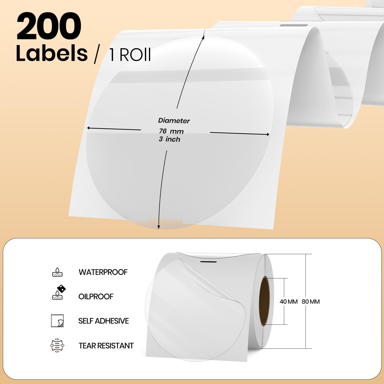 Etichette termiche trasparenti in vinile da 7,6 cm, autoadesive, rotonde, rotolo impermeabile, per stampante, per buste con codice QR, ufficio, vendita al dettaglio, casa, 200 pezzi