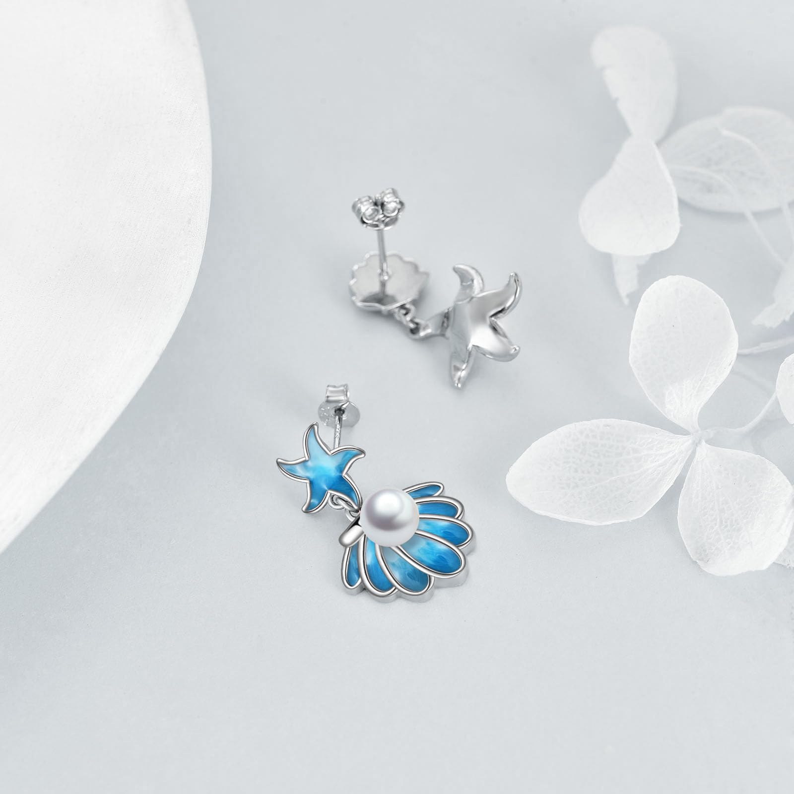 YFN Pendientes de playa con estrella de mar para mujer, plata de ley, conchas marinas, perlas, cierre de palanca, joyería oceánica, regalo, Plata de ley, Sin piedra preciosa