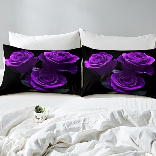 Miniatura 5 de Juego de funda de edredón con estampado floral de rosas moradas, funda de edredón para el día de San Valentín, para niños, niñas, parejas, amantes,