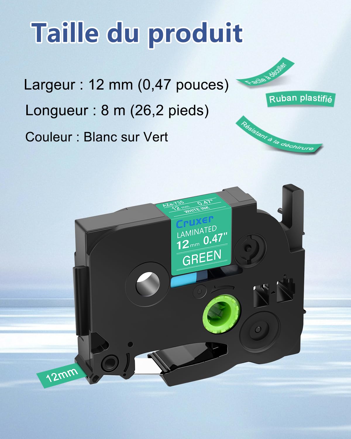 Cruxer Lot de 200 Compatible TZE-735 pour P-touch Blanc sur Vert 12 mm