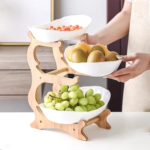 Miniatura 2 de KOXAME Frutero de 3 niveles, cesta de frutas grande para encimera de cocina, cesta de bayas de cerámica con soporte de bambú, uso para