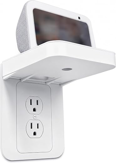 Outlet Shelf with Built-in Cord Storage, No-Drill Wall Mount for Smart Display & Speaker, Space-Saving Organizer for Kitchen, Bathroom & Bedroom, Fits Decora & Duplex Outlet (White, 1 Pack)