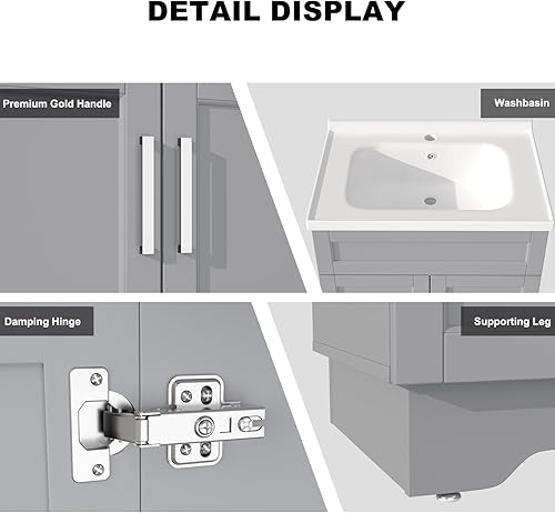 Miniatura 4 de OLD CAPTAIN Tocador de baño con fregadero de cerámica, tocador de madera de doble puerta con 24 pulgadas, pequeño armario de baño de montaje rápido,