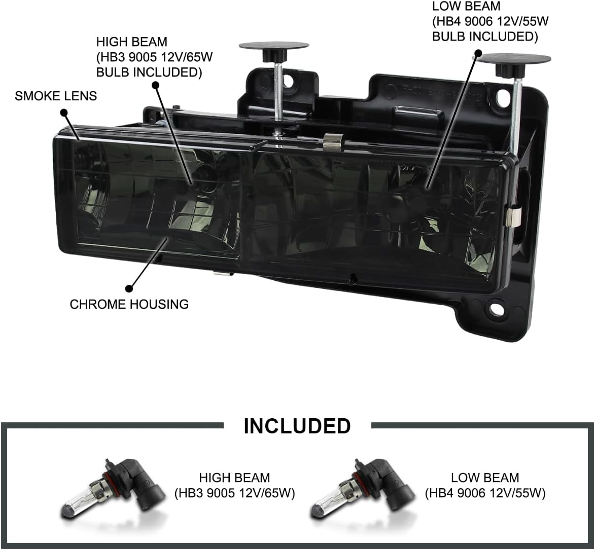 SPEC-D TUNING Smoke Headlights Compatible with 1988-1998 Chevy GMC C10 C/K 1500 2500 3500, Suburban Tahoe Silverado Sierra, L+R Pair Head Light Lamp Assembly