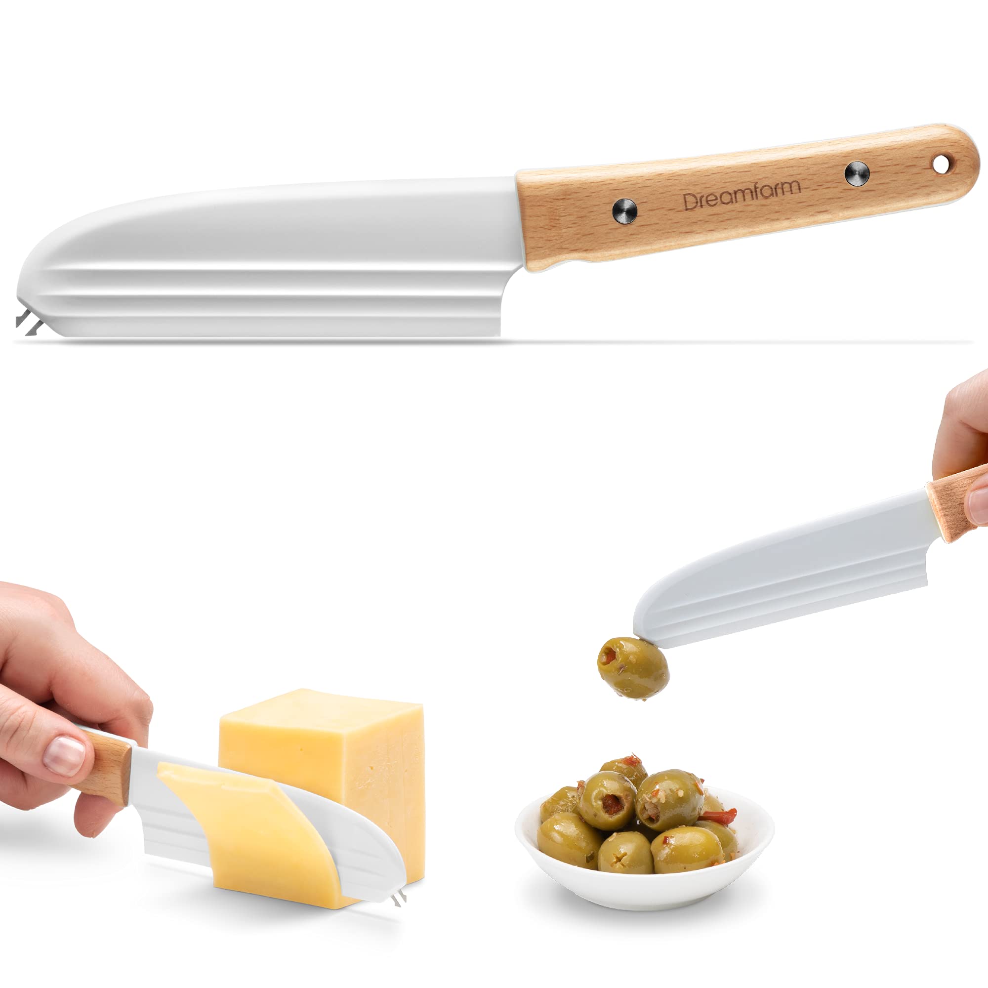 Dreamfarm Knibble | Non-Stick Cheese Knife | Stainless Steel Forks For Serving | Multi-Functional Unique Ridged Blade | Slicing, Spreading, Serving | Wood