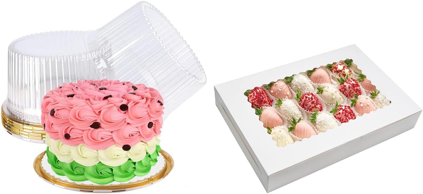 Bundle of 5 Pack Cake Carriers and 20 Pack Cookie Boxes for Chocolate Covered Strawberries, Donuts, Breakable Heart