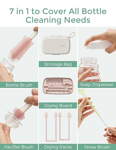 Miniatura 6 de Momcozy Juego de cepillos para biberones, kit limpiador con cepillo de silicona para pezón, dispensador de jabón, estante de secado, herramienta de