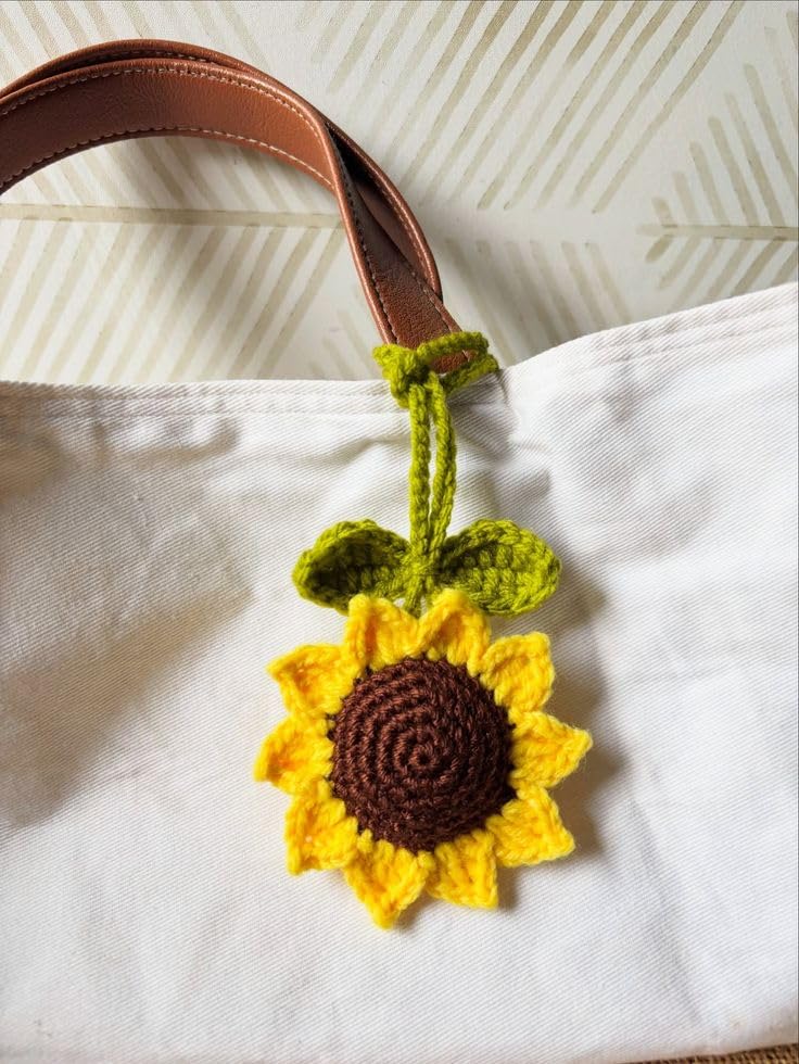 Handmade Crochet Sunflower Bag Charm, Yellow and Brown Knitted Flower with Green Leaves, Leather Strap Accessories-image-31