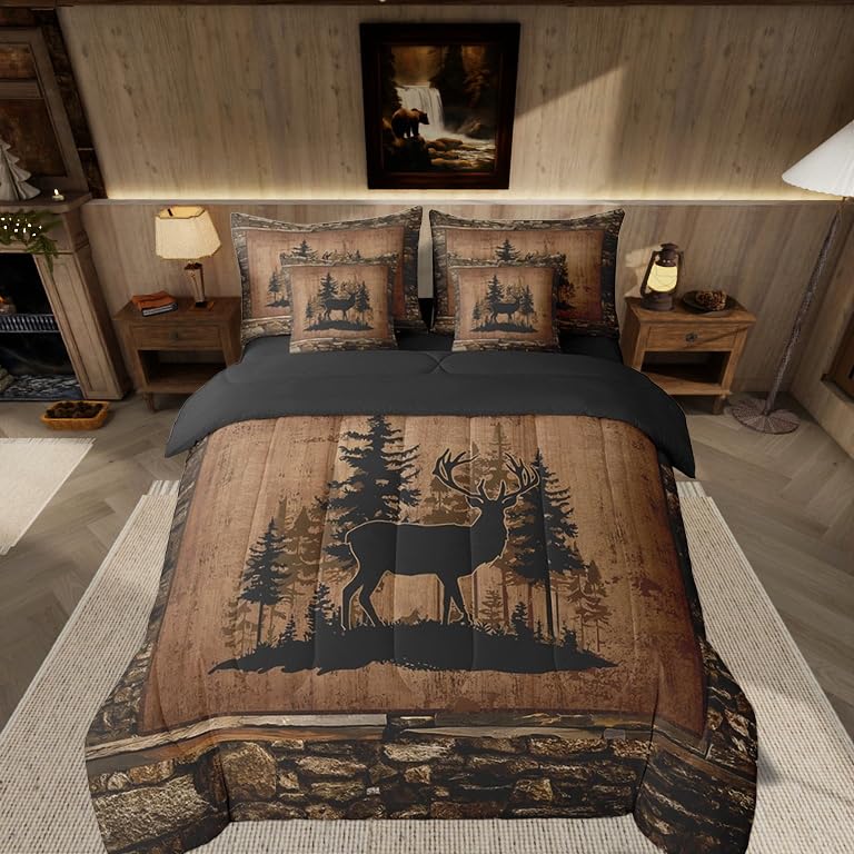 Feelyou Deer Comforter Set with Sheets Queen Size 7 piece Kids Rustic Deer Hunting Bedding Set Cabin Lodge Deer Bed in a Bag Farmhouse Nature Wildlife Antlers Brown Bed Set