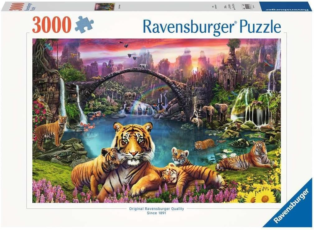 Tigers in Paradise - 3000 Piece Jigsaw Puzzle - Fantastic, Beautifully Vivid Depiction of Tigers at Sunset - Frameable - Premium Quality - Puzzles for Adults