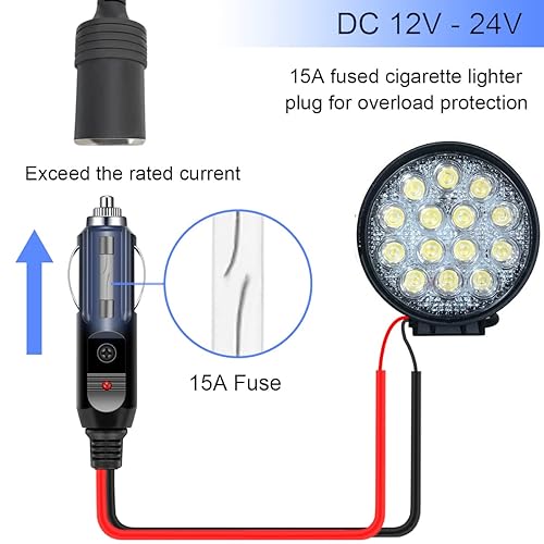 Miniatura 3 de Adaptador de repuesto para encendedor de cigarrillos de 12 V, cable de fuente de alimentación con fusible de 15 A y cable de cable de 16 AWG de 11.8