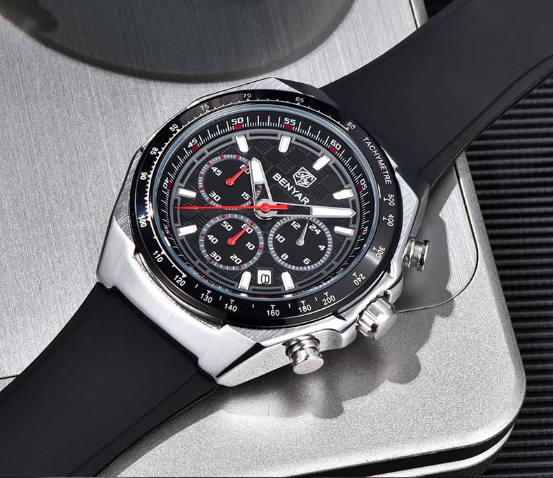 Image of BENYAR Men's Chronograph Sport Watch - Stainless Steel Case with Black Silicone Band, Tachymeter Bezel, Waterproof Quartz Wrist Watch