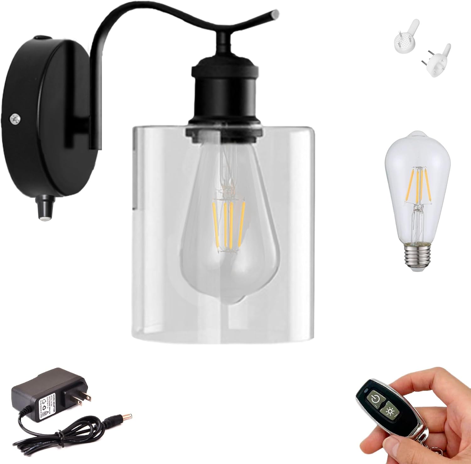 Industrial Wall Sconce Rechargeable Battery Operated LED Picture Lights with Remote, Cordless E26 Socket Black Wall lamp Customizable Glass Wall lamp for Hallway No Drilling Aisle Stairs